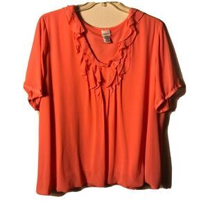 Covington Woman Orange Blouse with Bubble Hem & Ruffle V Neck‎ Size 24-26